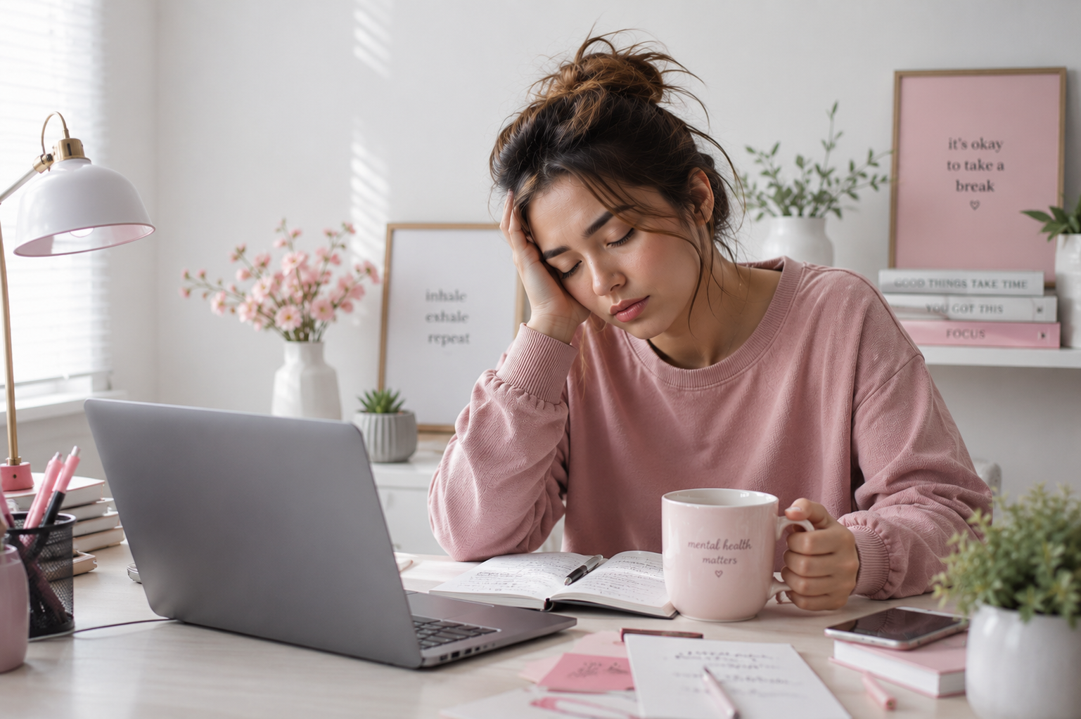 tired lady in pink with too much time on the screen