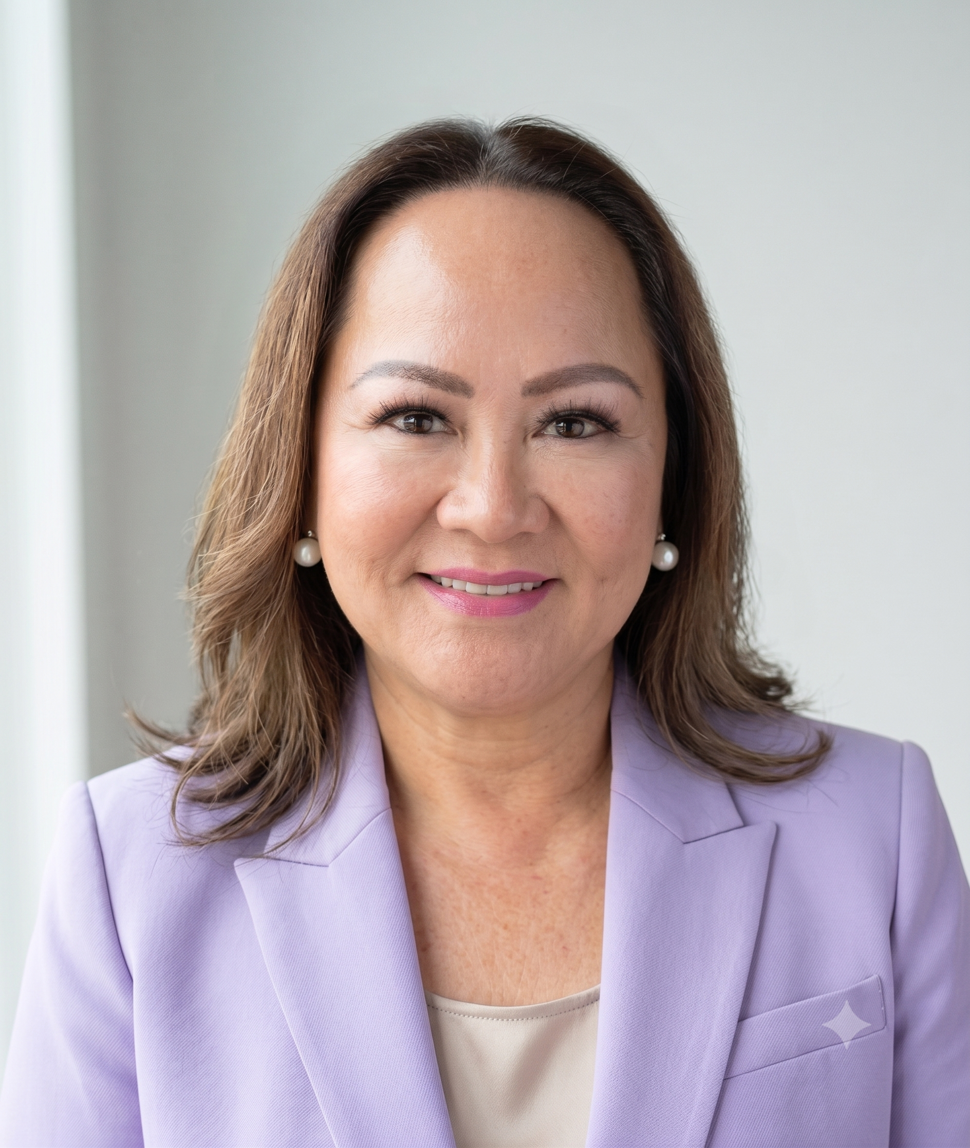 Close-up of a woman with shoulder-length brown hair wearing a lavender blazer and pearl earrings, smiling against a plain background.