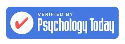 A blue badge with a red checkmark and the text 'Verified by Psychology Today'.