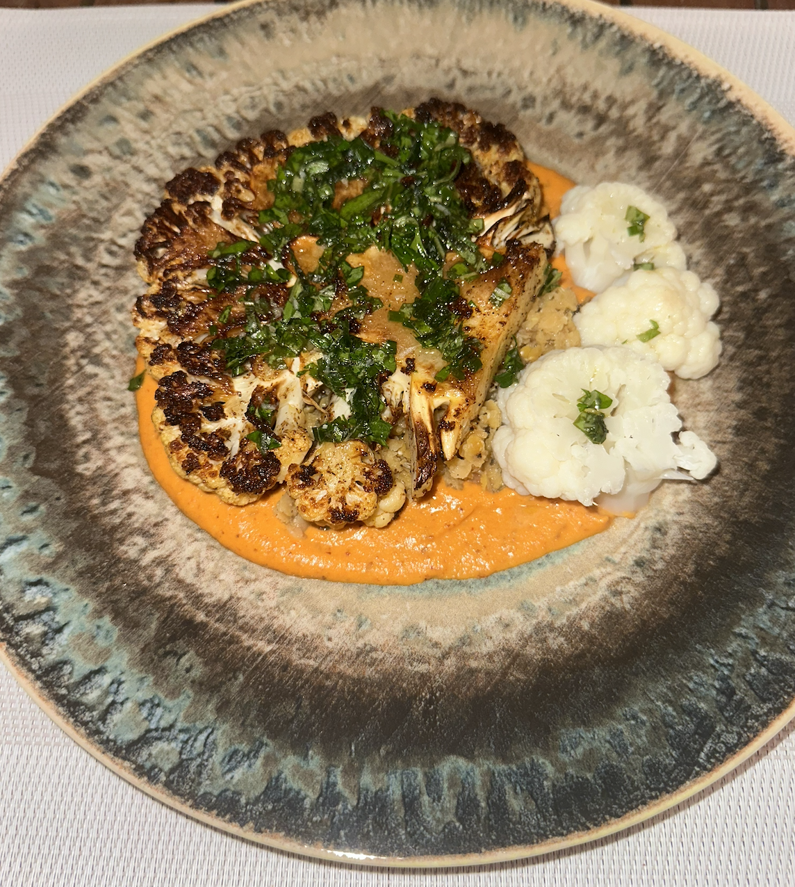 Paprika-Seared Cauliflower Steaks with Red Lentils, Romesco &amp; Fresh Herb Chimichurri
