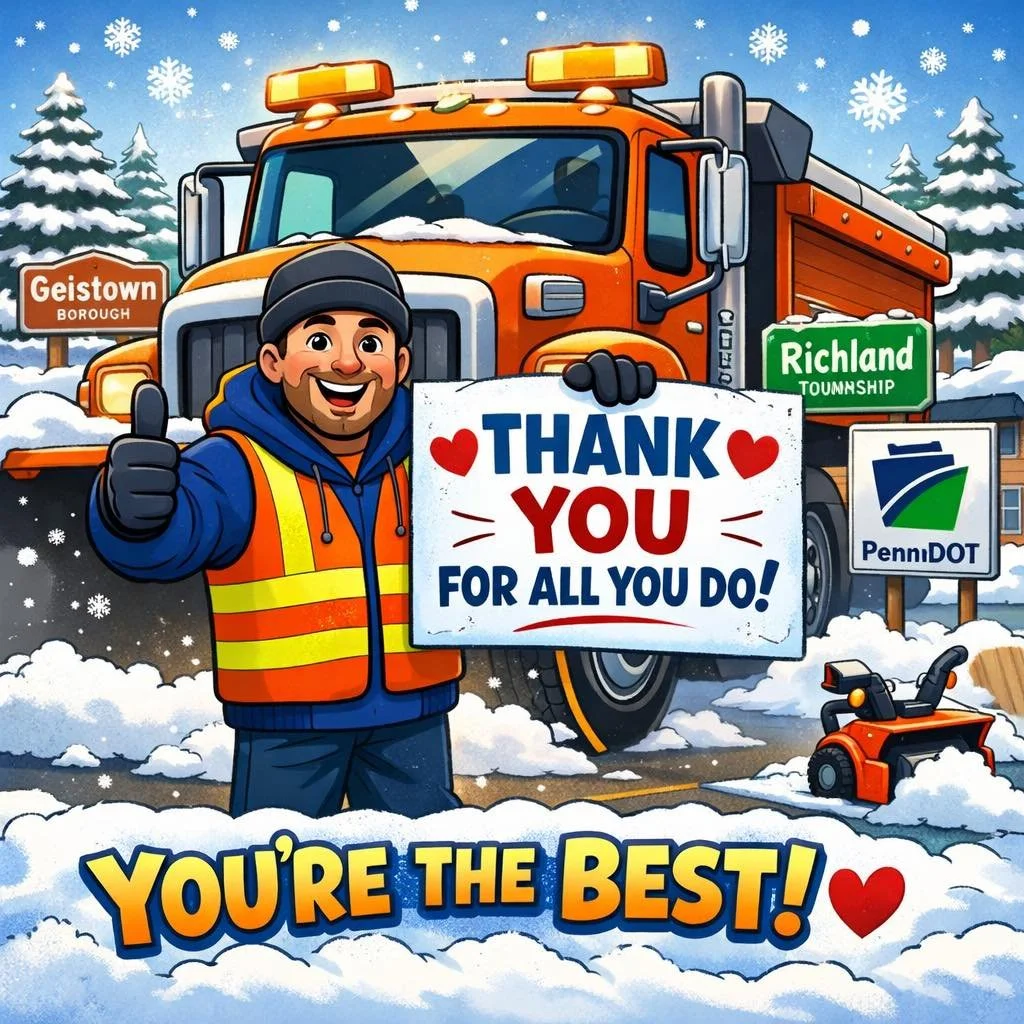 A cheerful man in a safety vest holding a "Thank You for All You Do!" sign, standing in front of a snow-covered road with a large orange snow plow truck. There are snowflakes falling, evergreen trees, and signs indicating Geistown Borough, Richland Township, and PennDOT. A small snowblower is nearby, and the text at the bottom reads "You're the Best!" with a heart.
