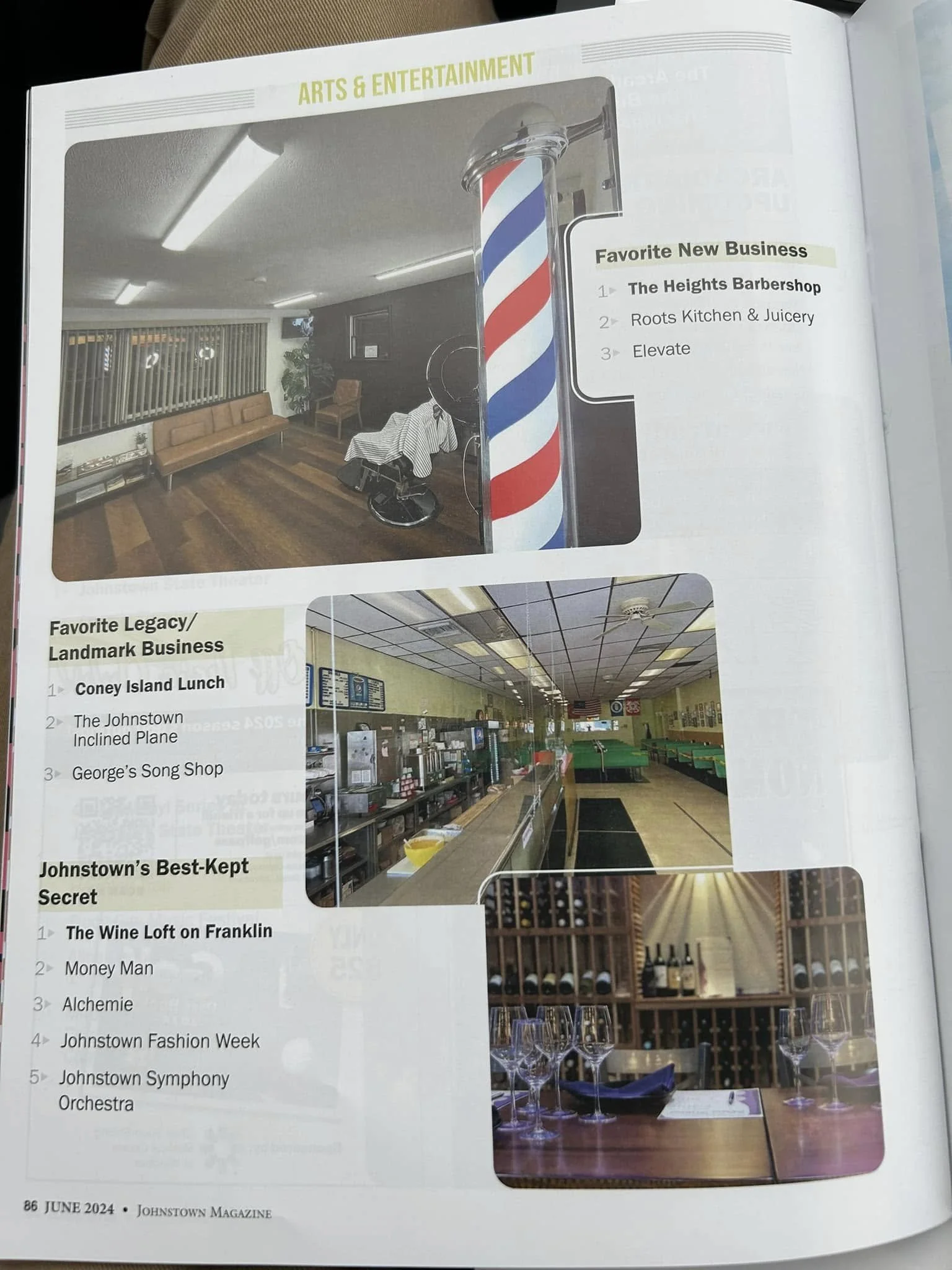 Page from magazine featuring arts and entertainment, with images of a barbershop, a diner, and a wine display, and lists of favorite new businesses, legacy businesses, and hidden gems in Johnstown.