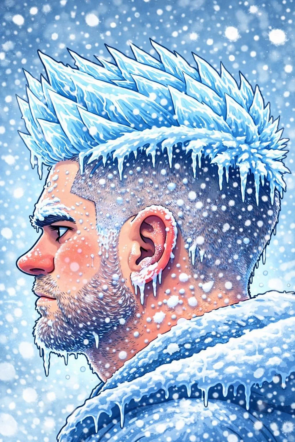 A side profile of a man with a beard and short hair, with icy blue mohawk, covered in snow and ice in a snowy winter scene.