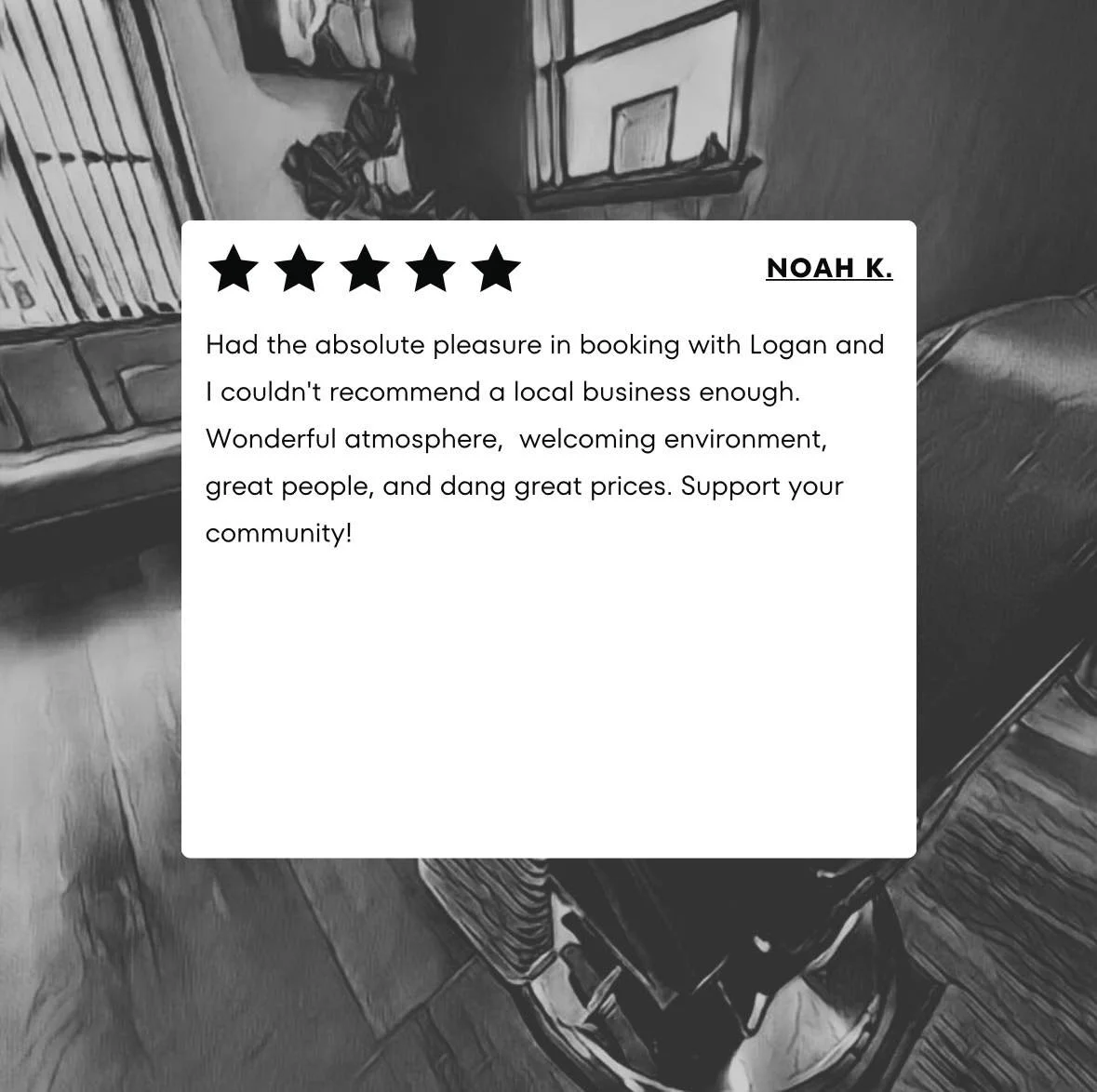 A handwritten review with five stars, praising a local business, The Heights Barbershop in Johnstown, PA. with a blurred background of shelves and furniture, a barber chair where haircuts are performed and a white overlay with the review text.