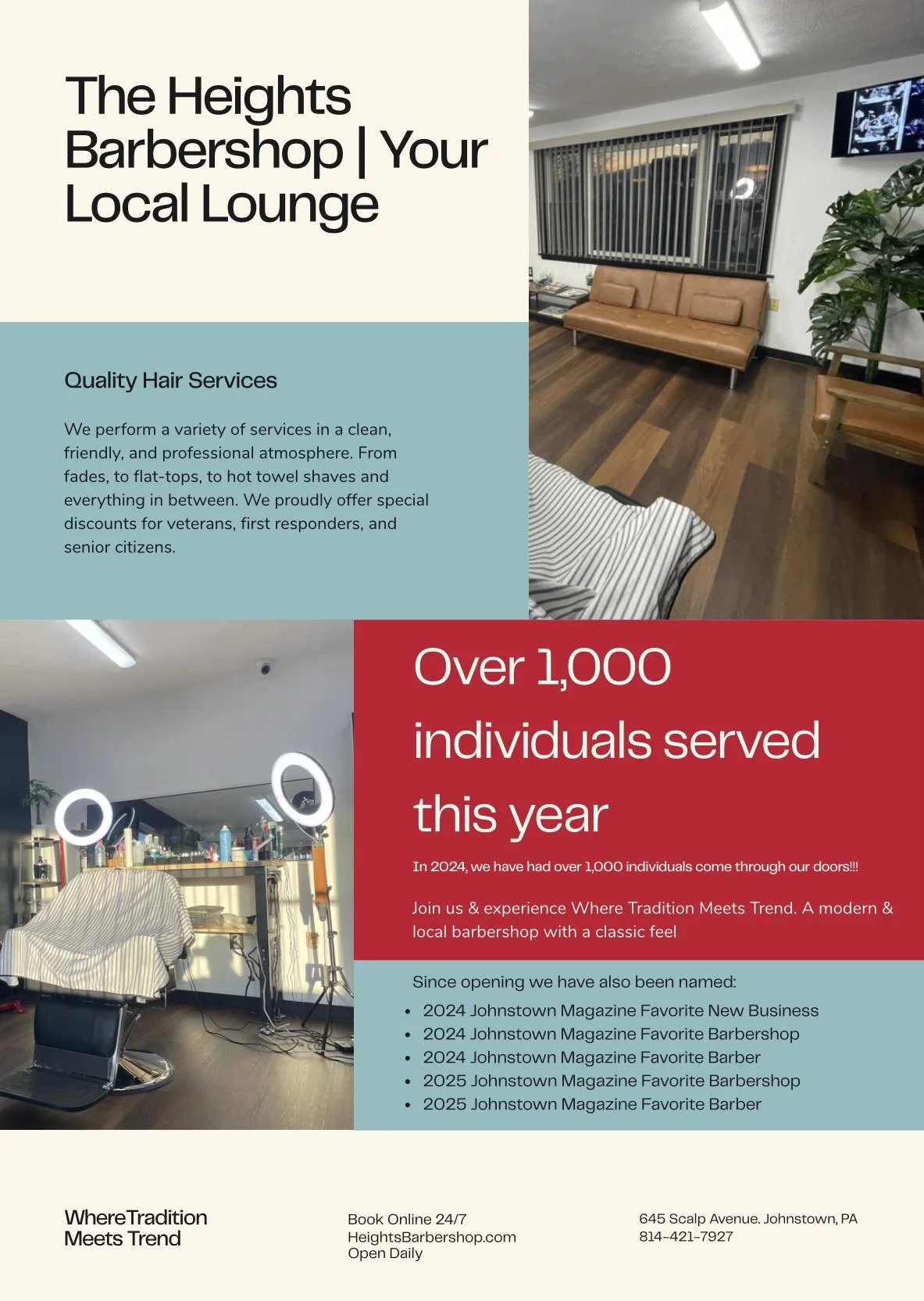 Flyer for The Heights Barbershop and Lounge, featuring images of the lounge interior with seating, hair styling area, and barber equipment, along with promotional text about services, customer count, awards, and contact details. Johnstown, PA