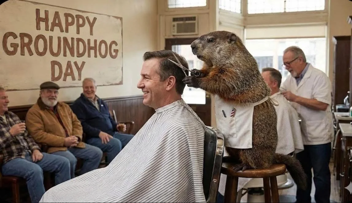 A man is getting a haircut at a barbershop while a beaver sits on a stool nearby, seemingly beside him. In the background, several people are seated and smiling, with a large sign on the wall that reads 'HAPPY GROUNDHOG DAY'.