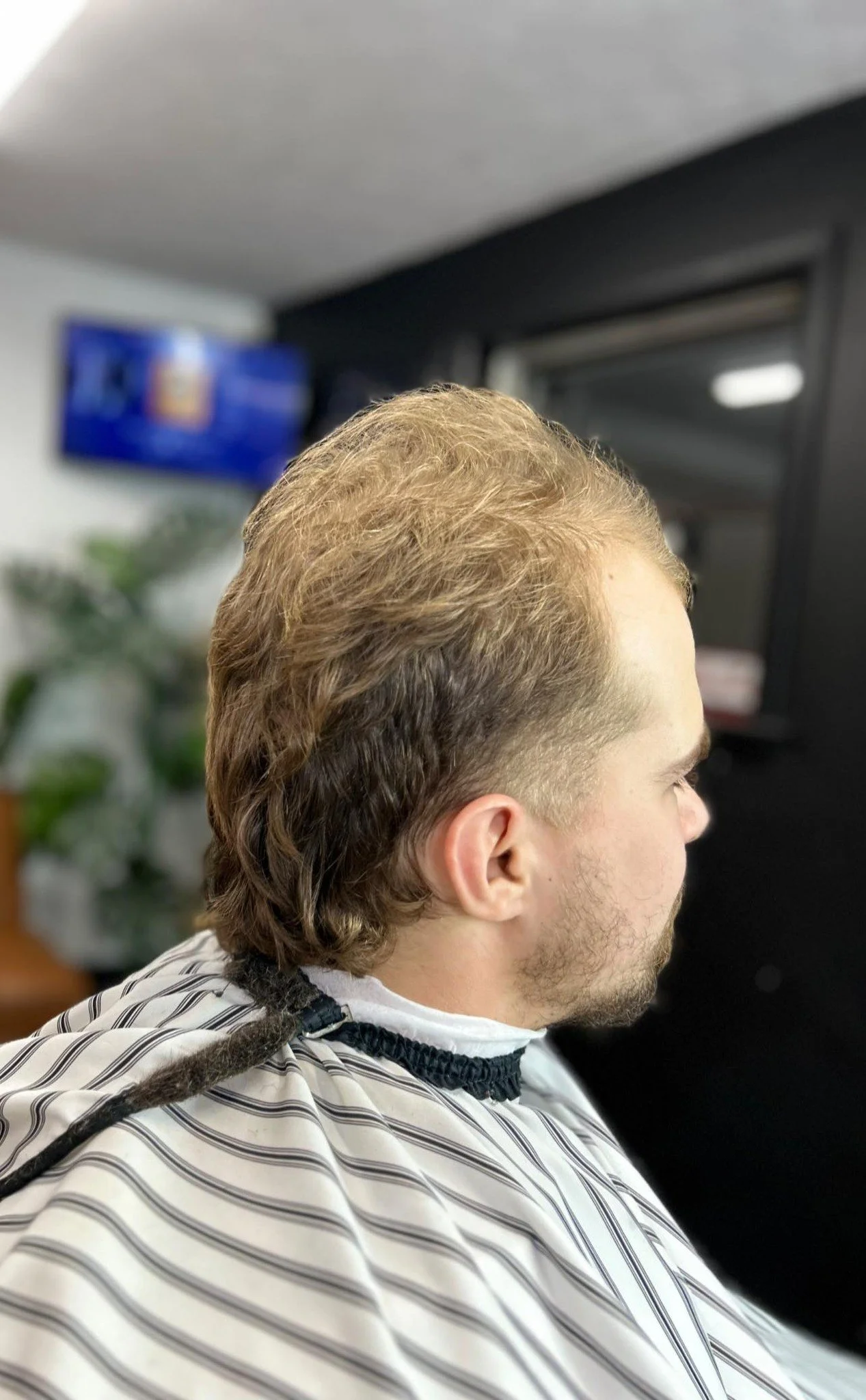 Young man with light brown hair getting a haircut at a salon, wearing a barber cape with black and white stripes.