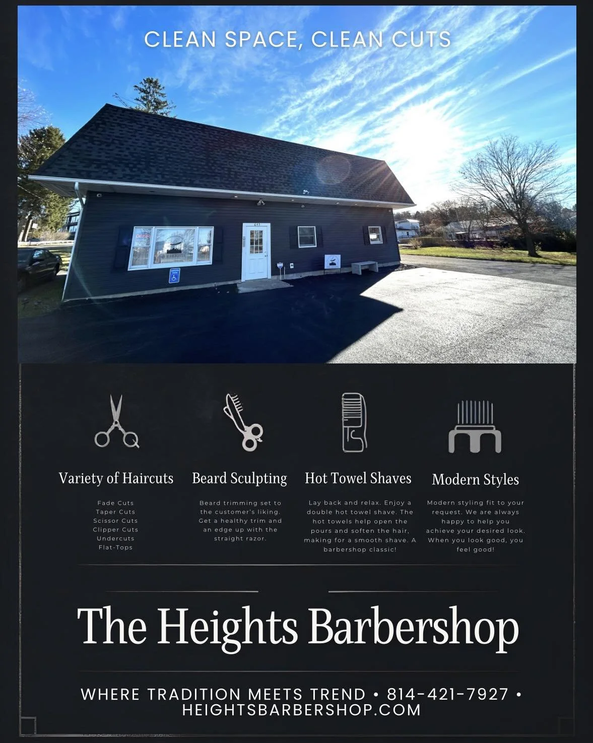 Flyer for The Heights Barbershop featuring a photo of a dark blue building with a white door and windows, under a blue sky with wispy clouds. The flyer highlights services like haircuts, beard sculpting, hot towel shaves, and modern styles, with their contact information and website.