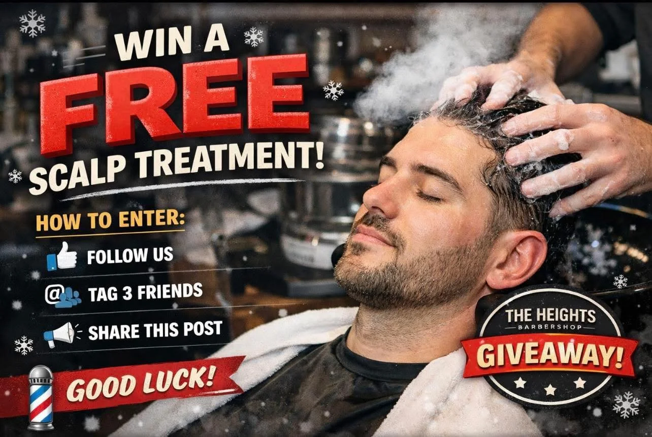 A man receiving a hair and scalp treatment at a barbershop, with promotional text overlay for a giveaway contest.