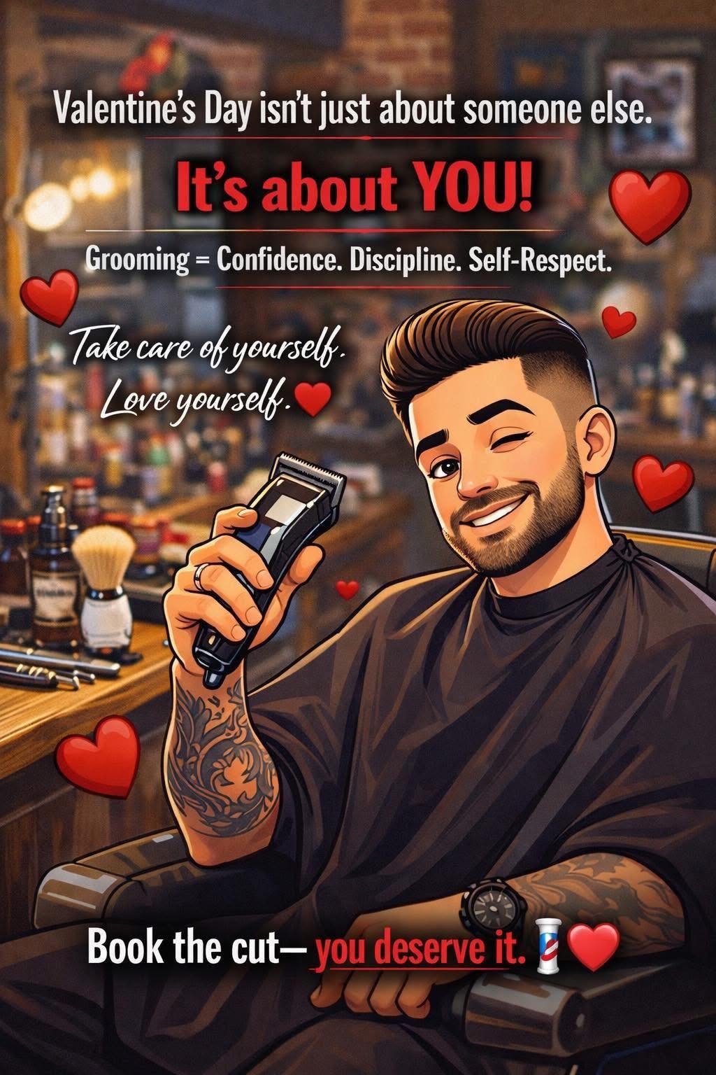 Digital illustration of a man with tattoos on his arm, holding hair clippers, sitting in a barber shop, surrounded by red hearts, with a message promoting self-love and grooming for Valentine's Day.