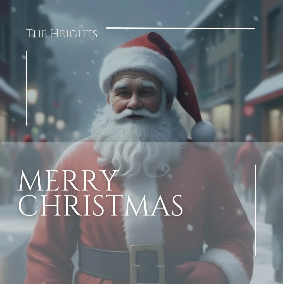 Santa Claus wearing a red suit and hat, walking through a snowy street on Christmas. A promotional Christmas image from The Heights Barbershop located on Scalp Avenue in Johnstown, Pennsylvania