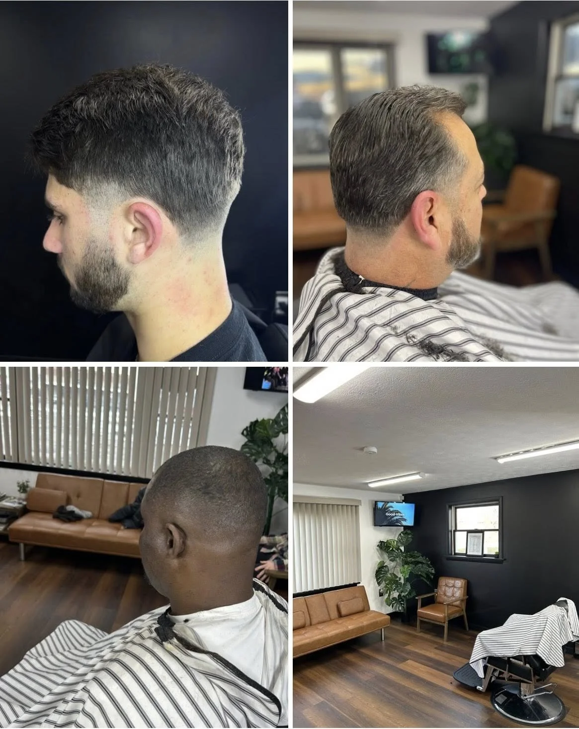Collage of four images; top left and bottom left showing different men's haircuts, top right showing a man with a short, styled haircut in a barbershop, and bottom right showing the interior of a barbershop with chairs, a TV, and a window.