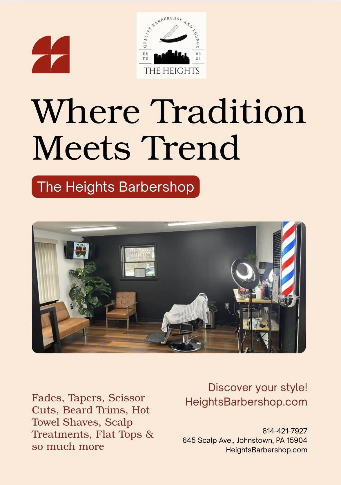 Flyer for The Heights Barbershop featuring a waiting area with chairs, a barber station with equipment, a plant, and a barber pole, with text highlighting services and contact information. Johnstown, PA