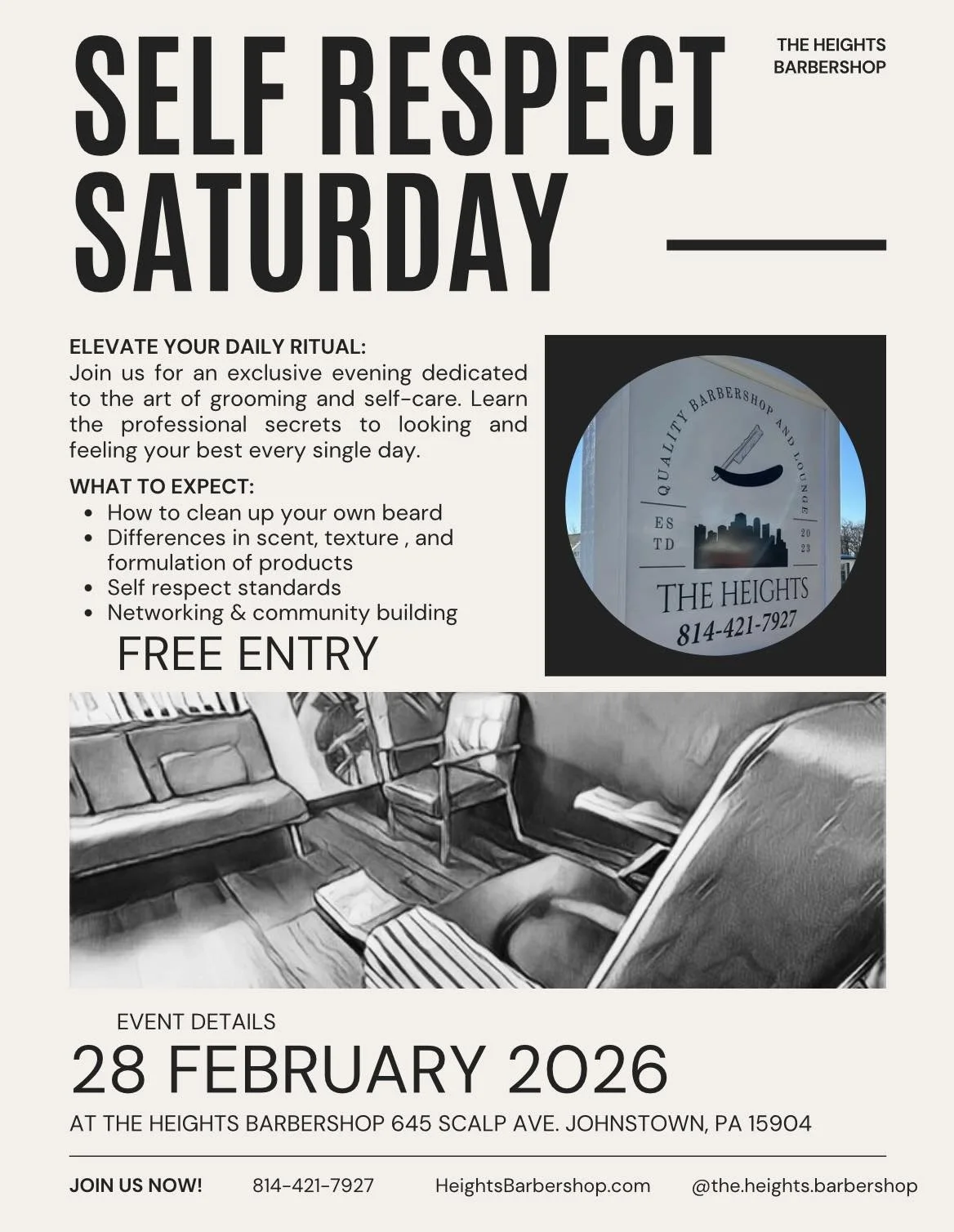 Flyer for 'Self Respect Saturday' event at The Heights Barbershop, scheduled for February 28, 2026, featuring details about grooming, self-care, and community building, with a photo of the barbershop's logo and a black-and-white photo of the interior.