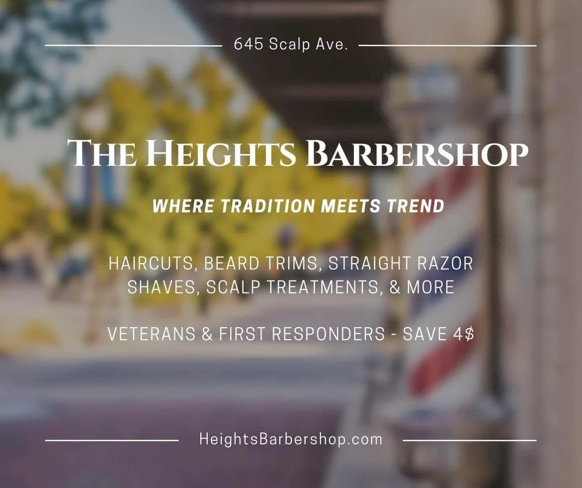 Blurry street view background with text promoting The Heights Barbershop, including address, services, and discount for veterans and first responders.