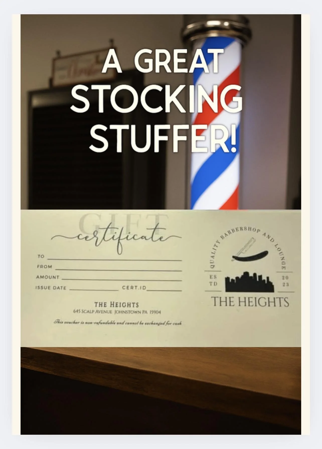 A barber shop certificate and a pair of scissors logo from The Heights barbershop, with a barber's pole in the background.