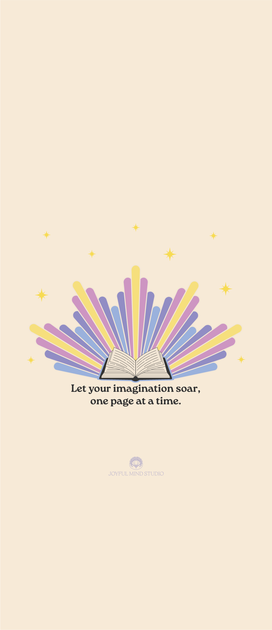 Let Your Imagination Soar Wallpaper: An open book with rays of light and stars emitting from it, featuring the phrase 'Let your imagination soar, one page at a time.'