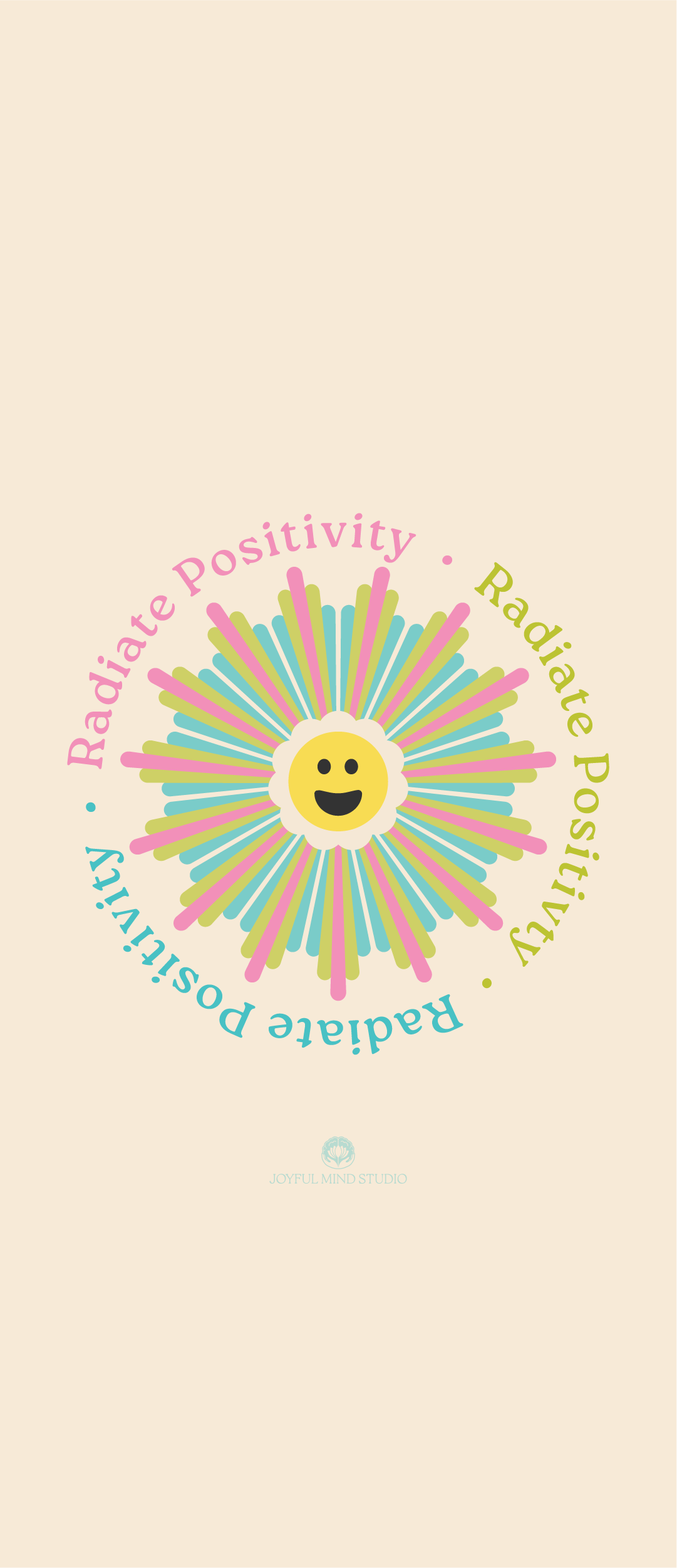 Radiate Positivity Wallpaper: A smiling face with colorful rays emitting from it, surrounded by the phrase 'Radiate Positivity.'