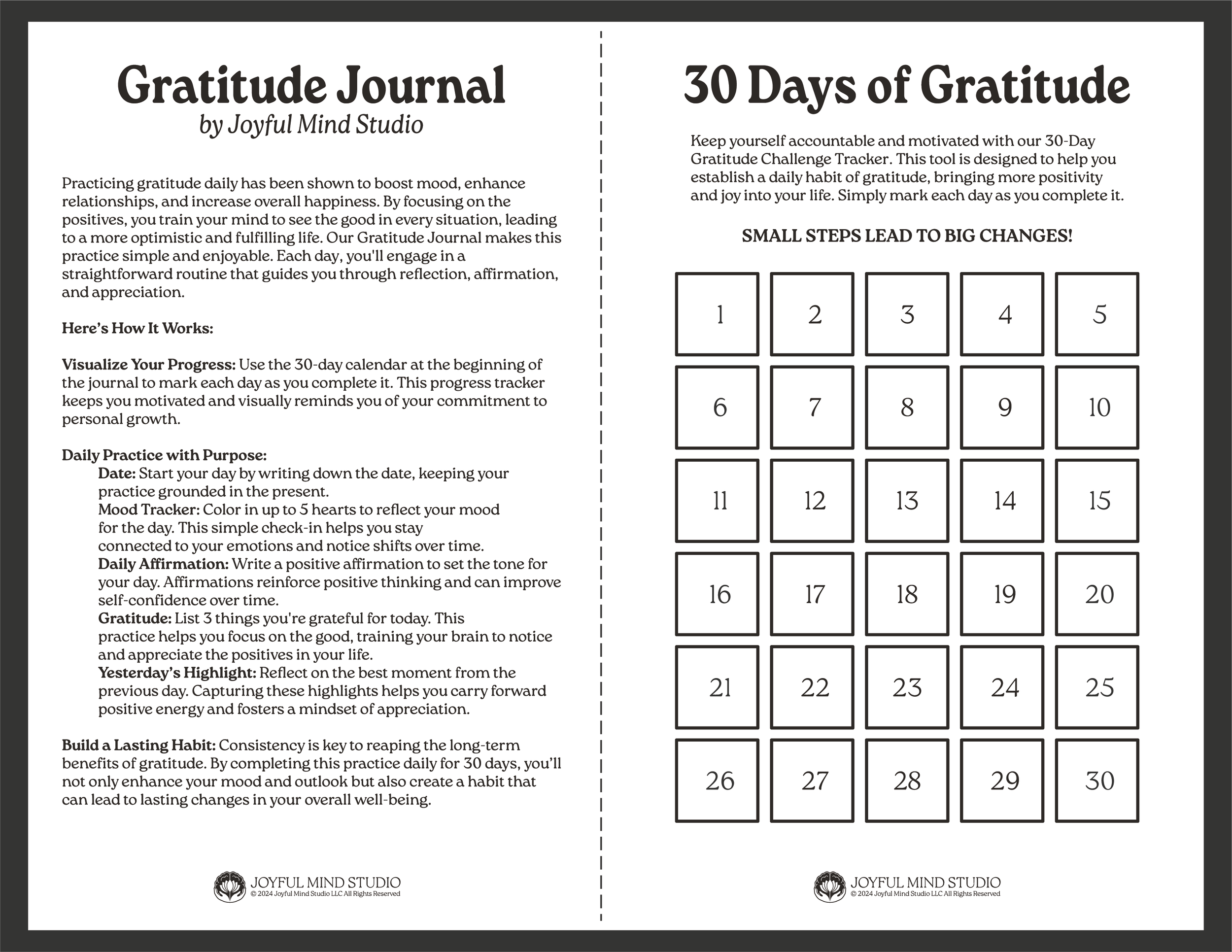 First page of the Gratitude Journal with instructions on how to use it and a 30-day tracker for daily gratitude practice.