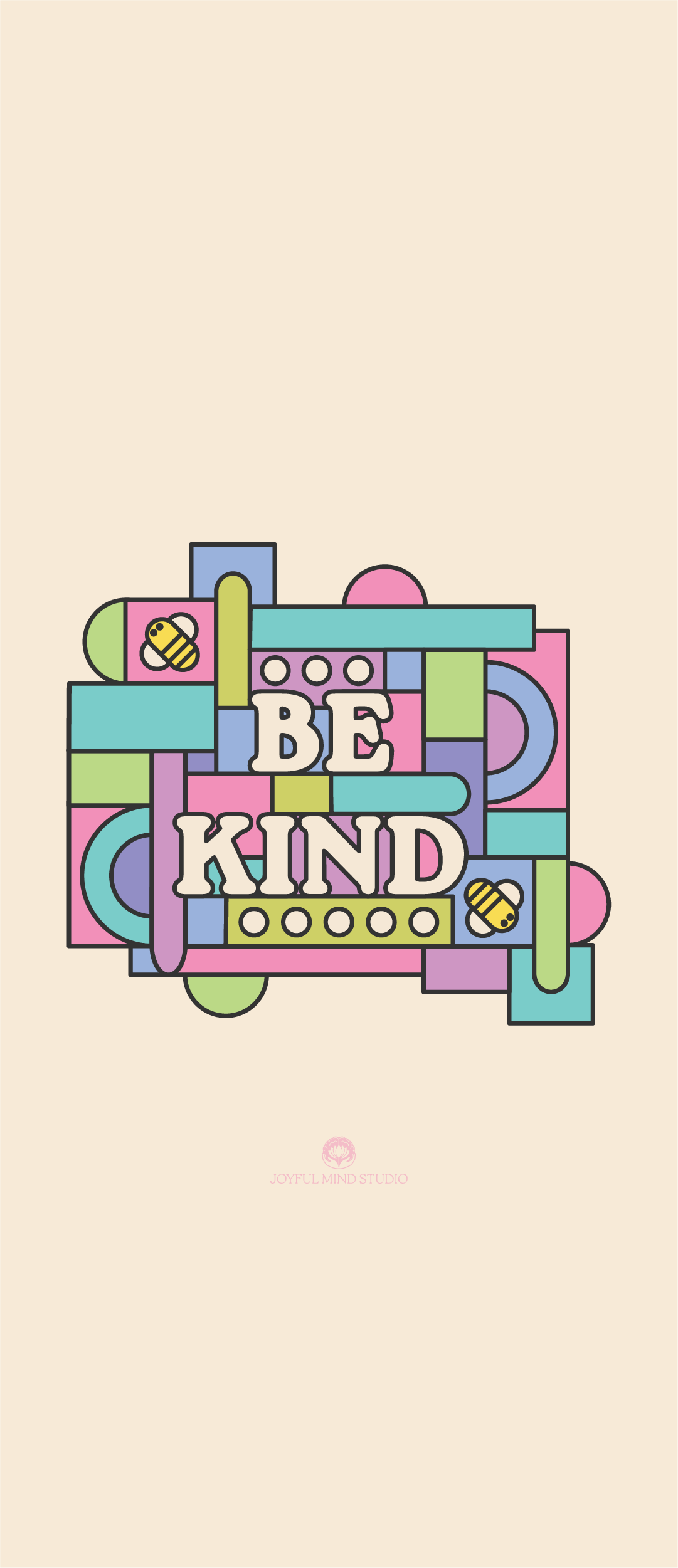 Be Kind Wallpaper: Bright, colorful shapes surround the words 'Be Kind' with playful bees buzzing around, promoting kindness and positivity.