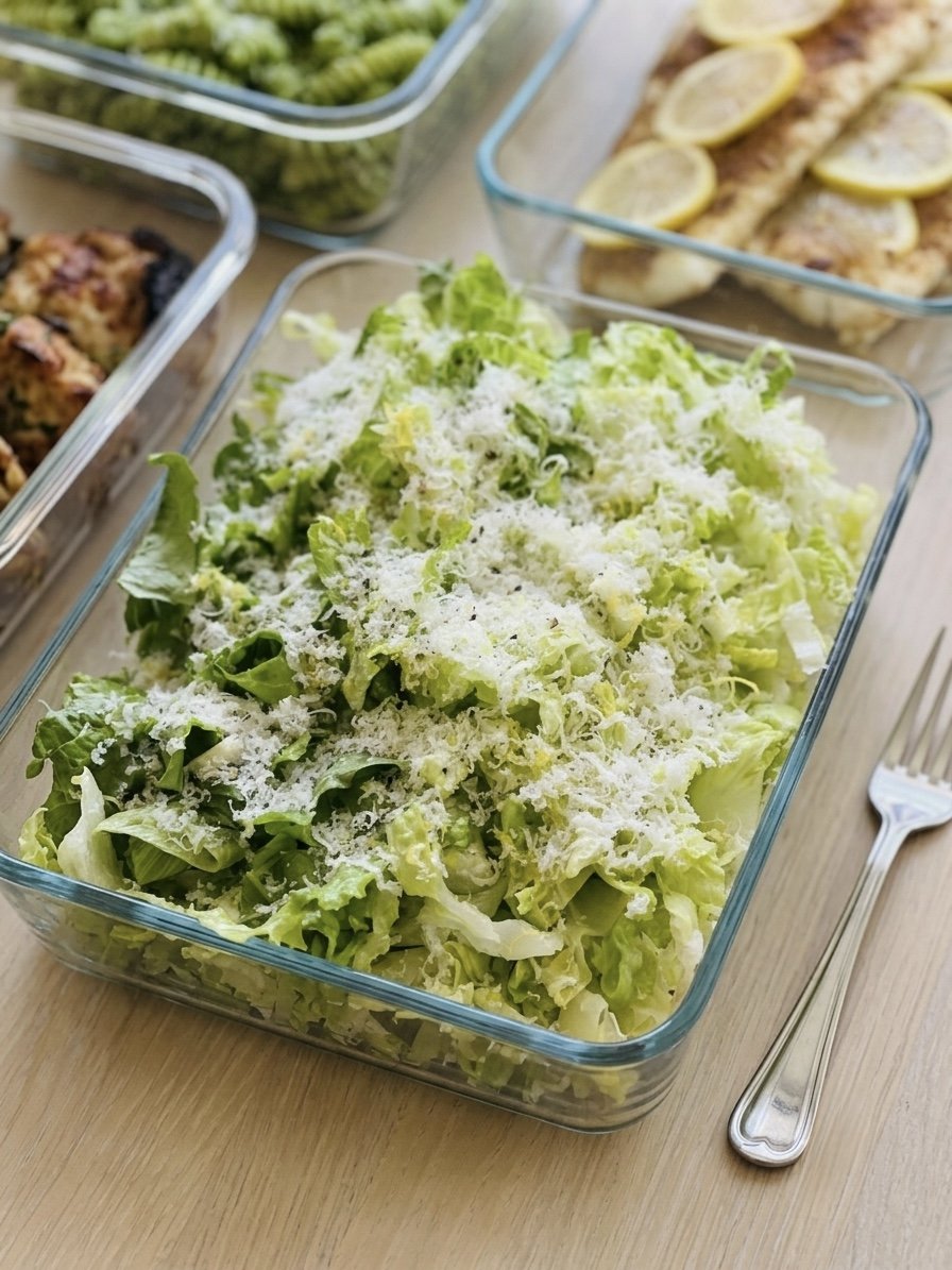 Green chopped lettuce salad with shredded cheese in a glass dish, with a fork nearby on a wooden table, and dishes with food in the background.