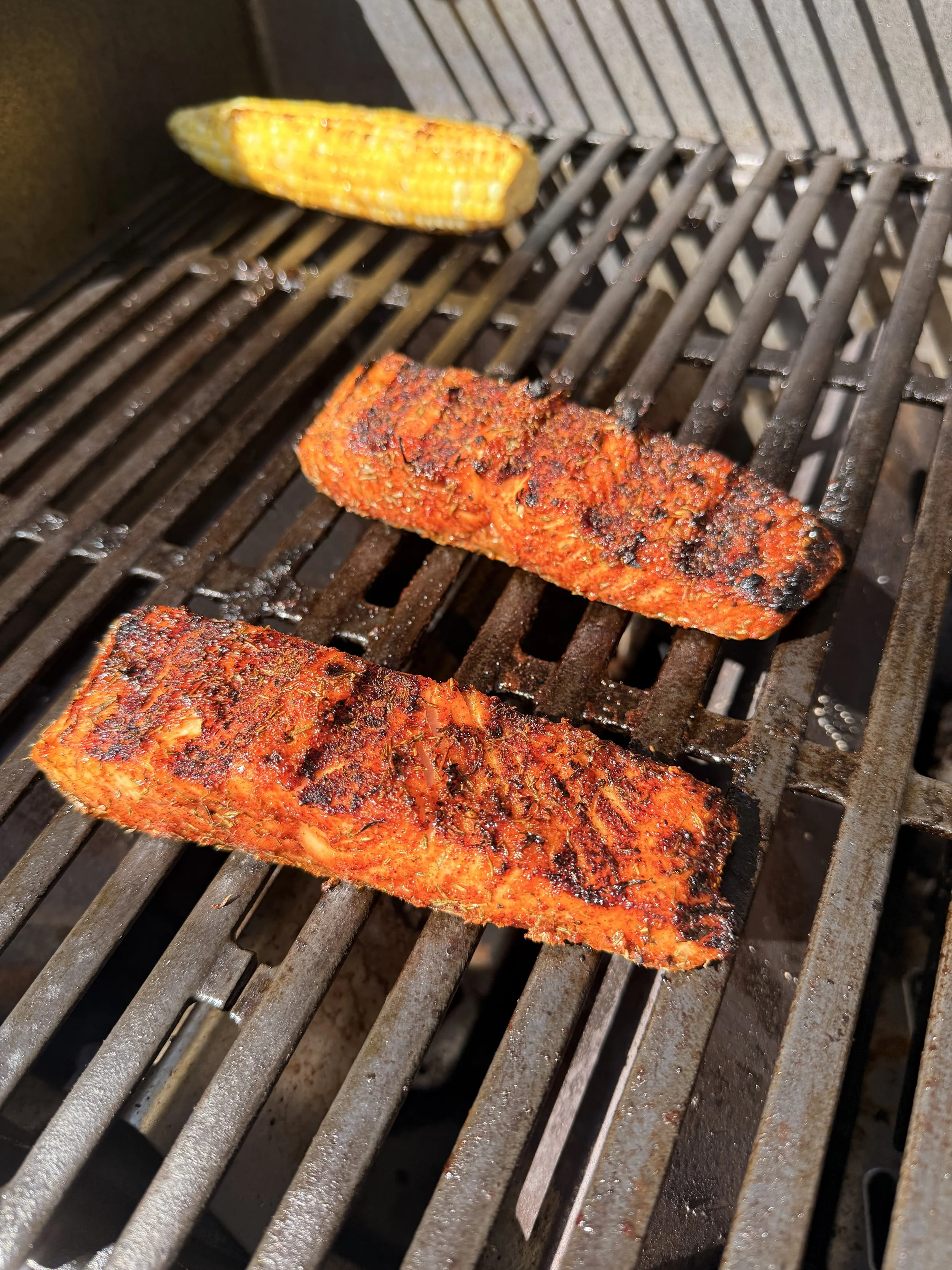 Two pieces of salmon on a grill, one seasoned and the other raw.