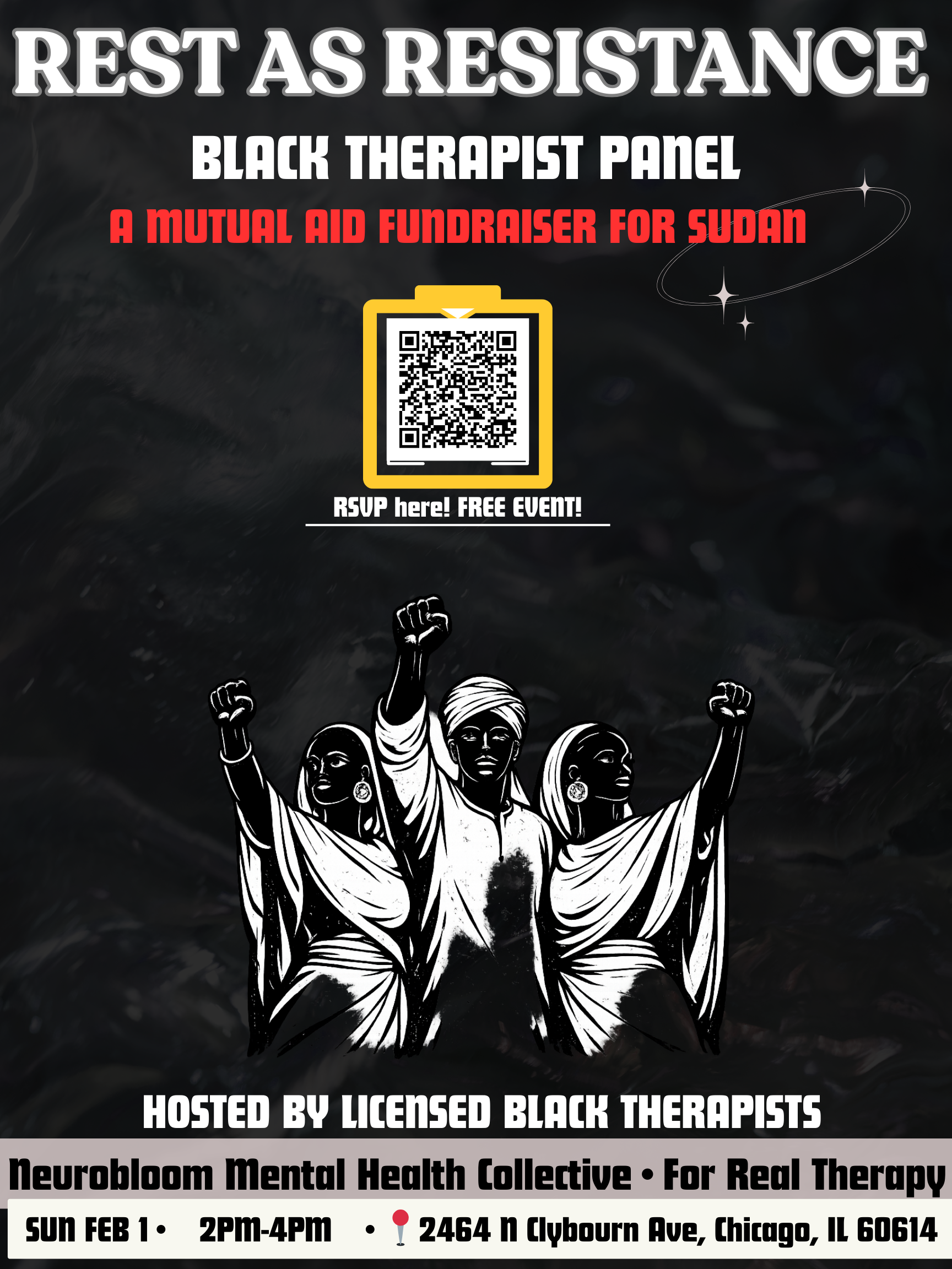 REST AS RESISTANCE event at For Real Therapy Chicago Feb 2026 flyer