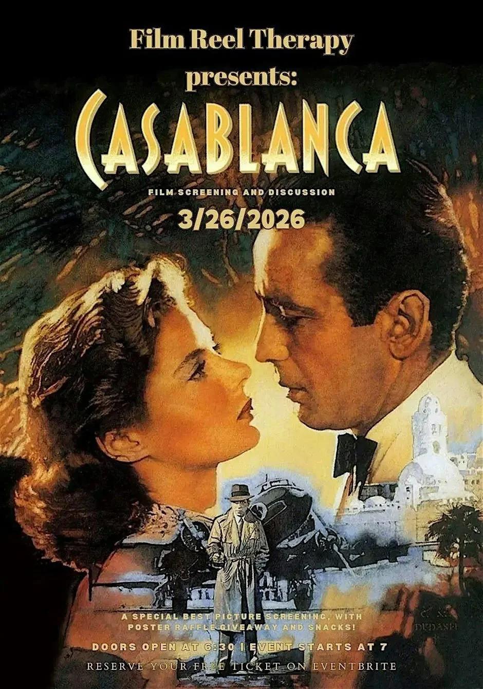 Casablanca Film Reel Therapy Flyer for March 26, 2026 live event at For Real Therapy in Lincoln Park, Chicago, IL