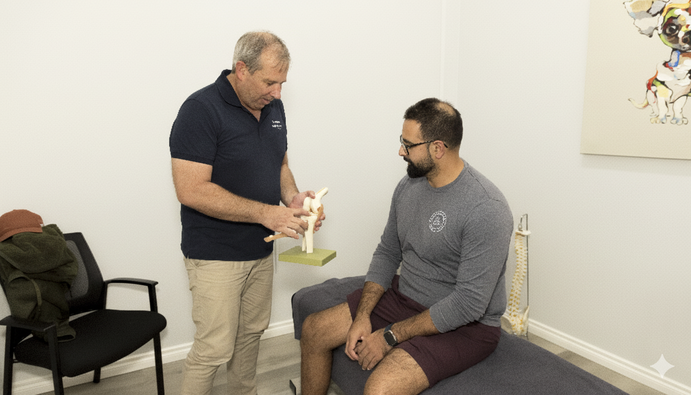 A doctor showing a model of a knee joint to a patient sitting on an examination table in an office.