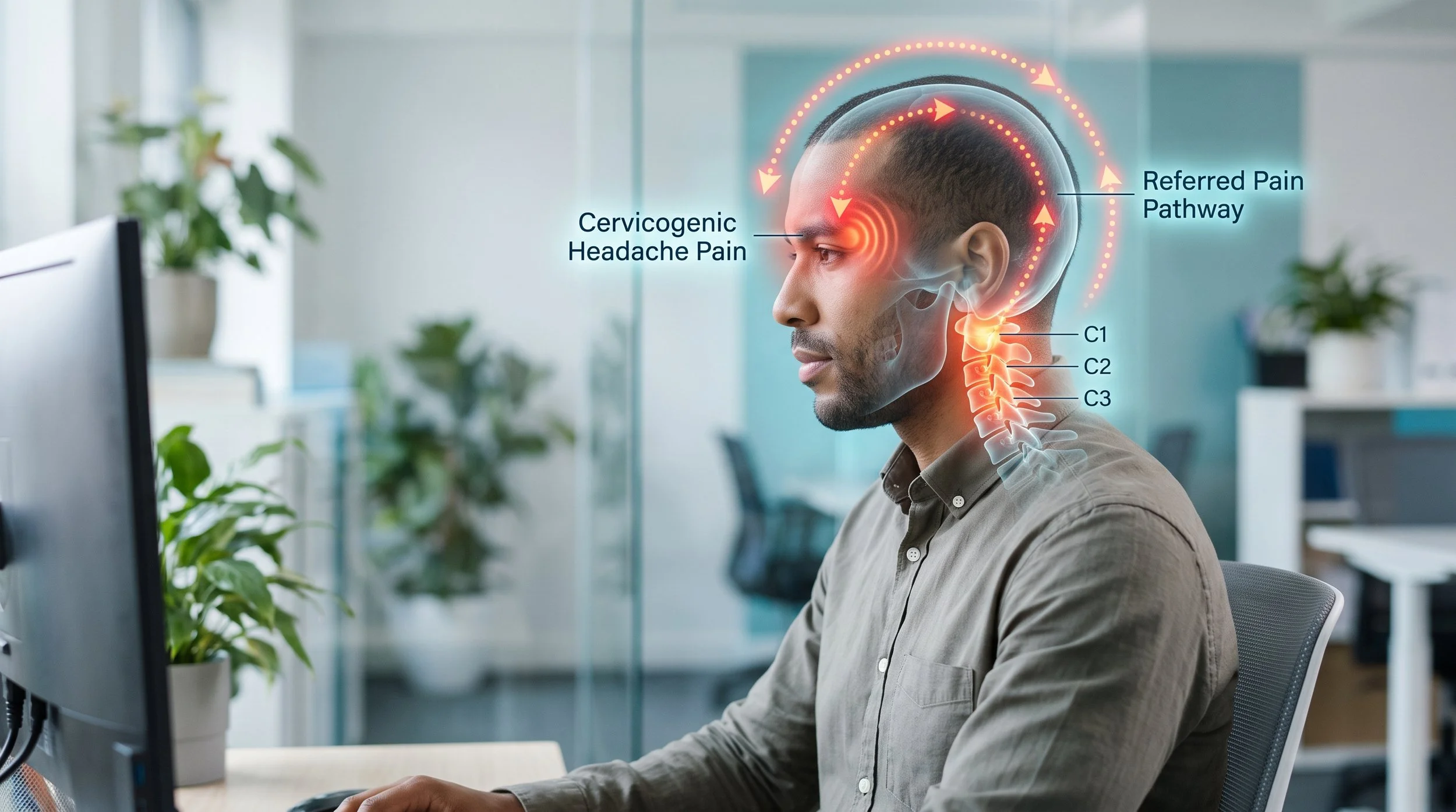 Diagram showing how upper neck joints refer pain to the head in cervicogenic headaches