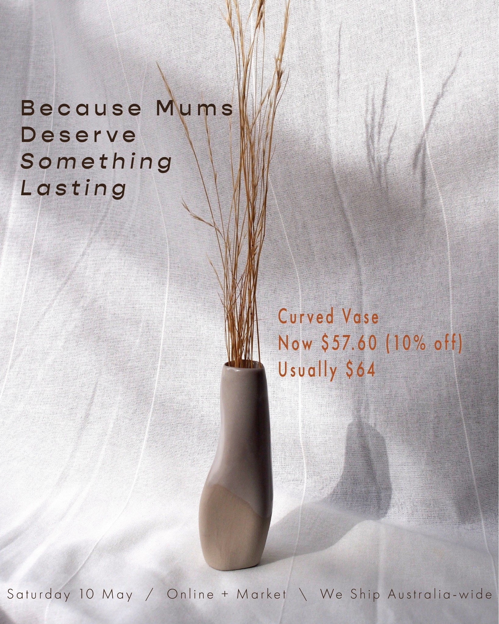 Because mums deserve something lasting.

Our curved vase is 10% off this week for Mother&rsquo;s Day &mdash; a quiet, thoughtful piece to mark the occasion.

Usually $64, now $57.60

Available online and at our market @handmadedesignmarket.au this Sa