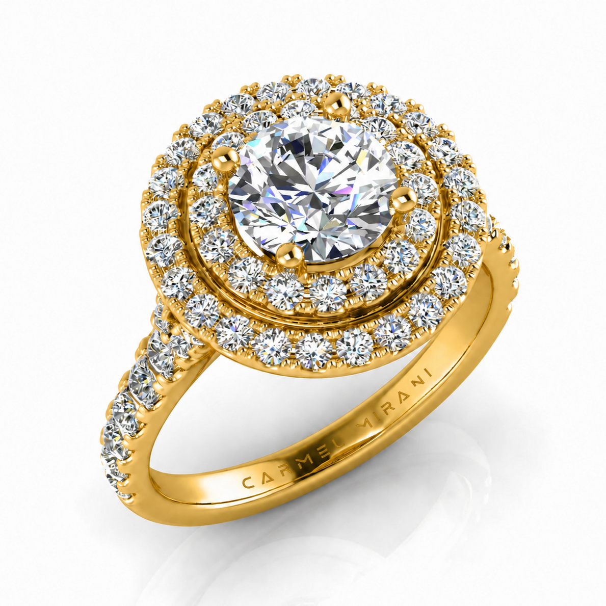 Gold ring with a large central diamond surrounded by smaller diamonds in a halo and additional diamonds along the band.