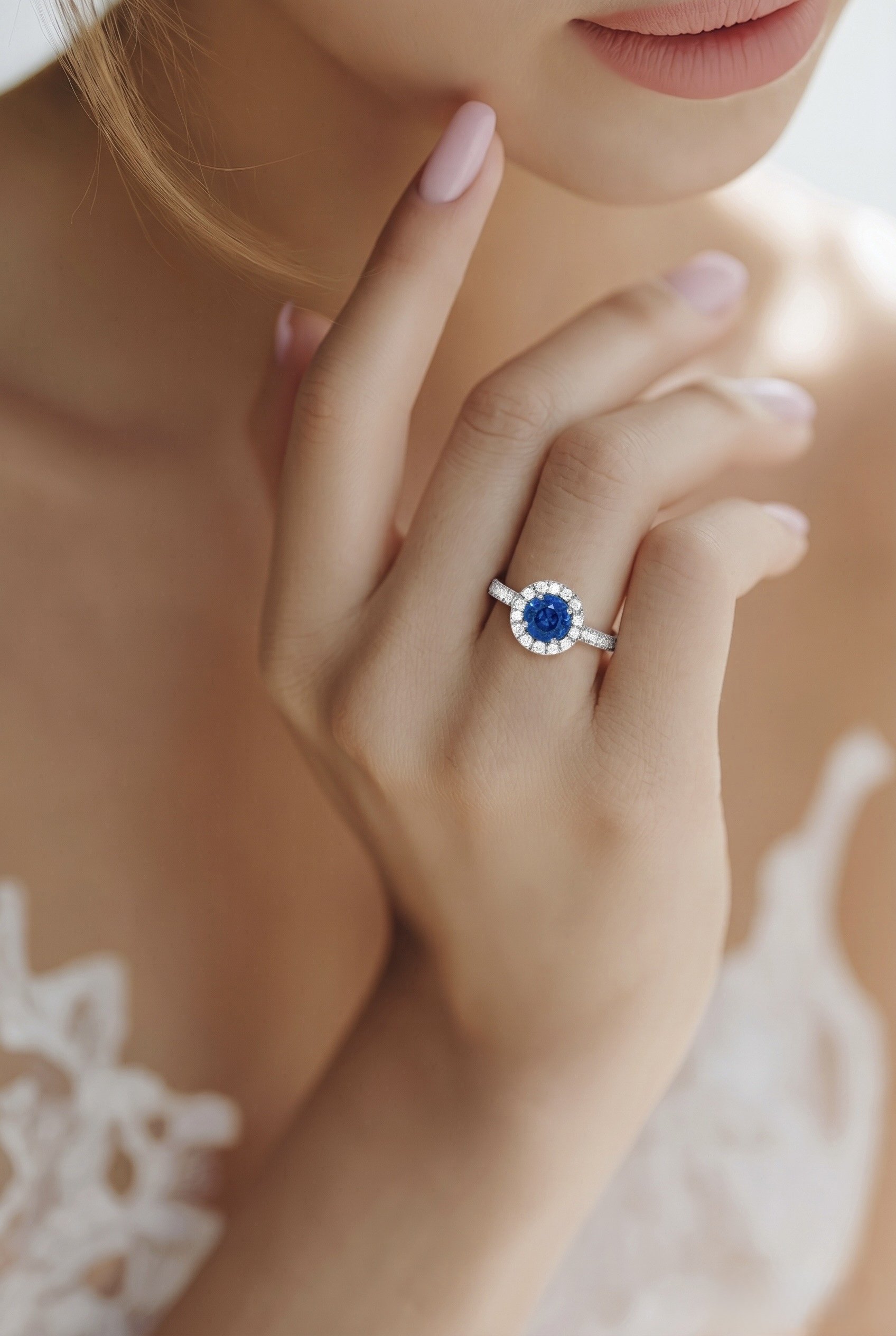 Close-up of a woman wearing a diamond ring with a blue gemstone on her finger, gently touching her cheek while wearing a lace white dress.