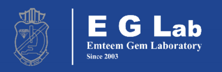 Logo for Emteem Gem Laboratory with a blue background, text reading 'E G Lab' and 'Emteem Gem Laboratory Since 2003', and a crest with a diamond and a staircase.