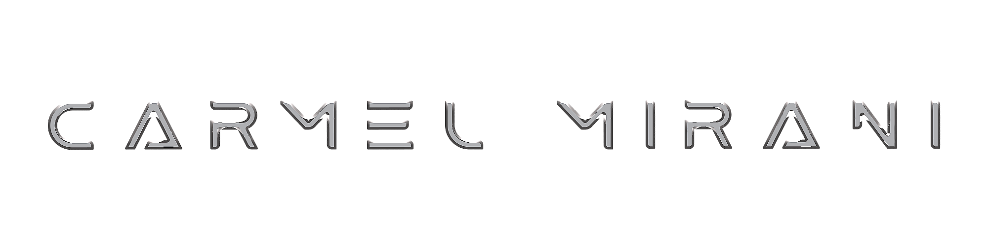 Carmel Mirani logo in metallic silver text on black background.