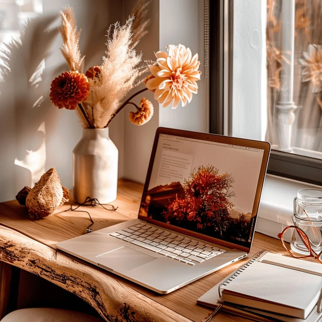 Autumn desk with a laptop where Karen crafts professional resume and cover letter services.
