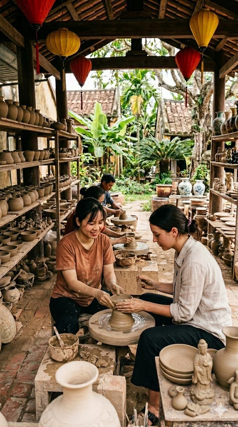 Pottery workshop at Thanh Ha village — two women shaping clay on a wheel surrounded by finished pots