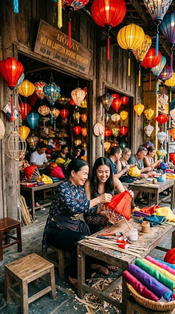 Visitors at a Hoi An lantern-making workshop, laughing while crafting colorful silk lanterns