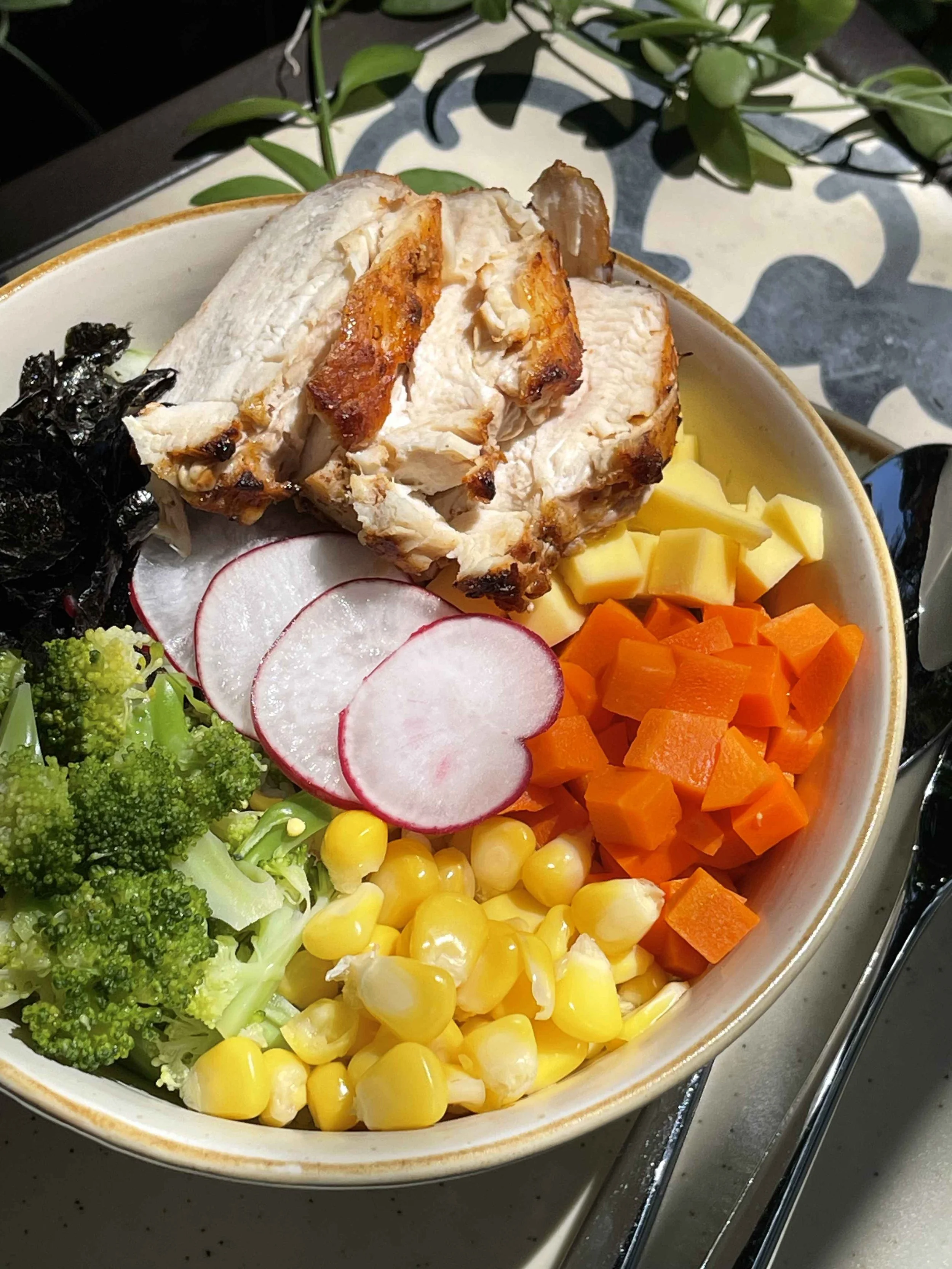 Fresh lunch bowl with grilled chicken, mango, radish, broccoli, carrot in sunlight