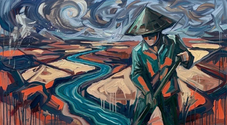 An oil painting depicts a person wearing a traditional Asian conical hat and green clothing, standing in a field with a pickaxe over their shoulder. The background features multiple rice paddies and a swirling, cloudy sky.