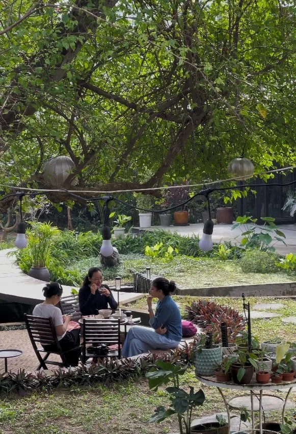 Retreat guests relaxing together in The Interlude's garden on a sunny afternoon