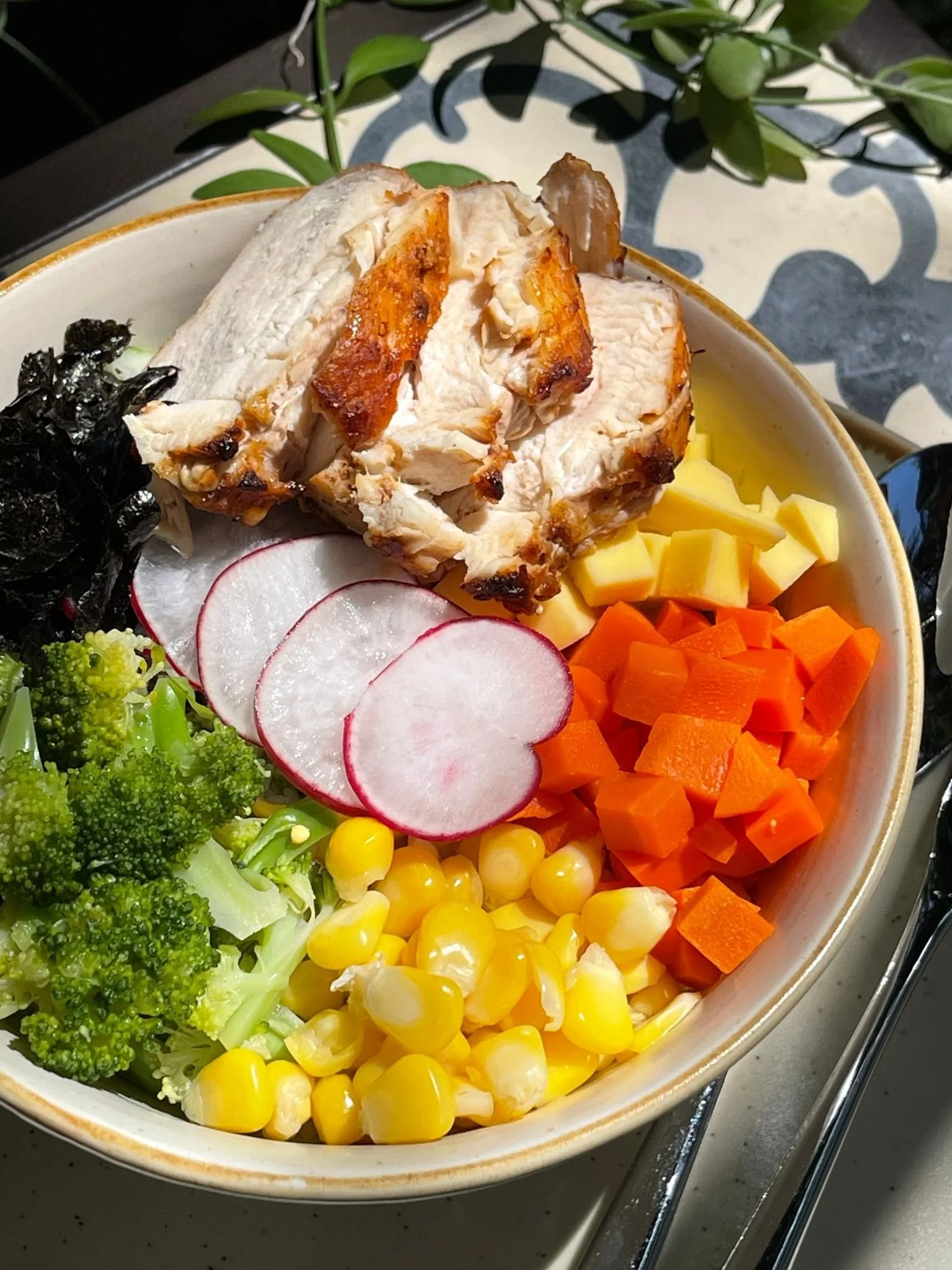 lunch bowl with roasted chicken and fresh vegetables