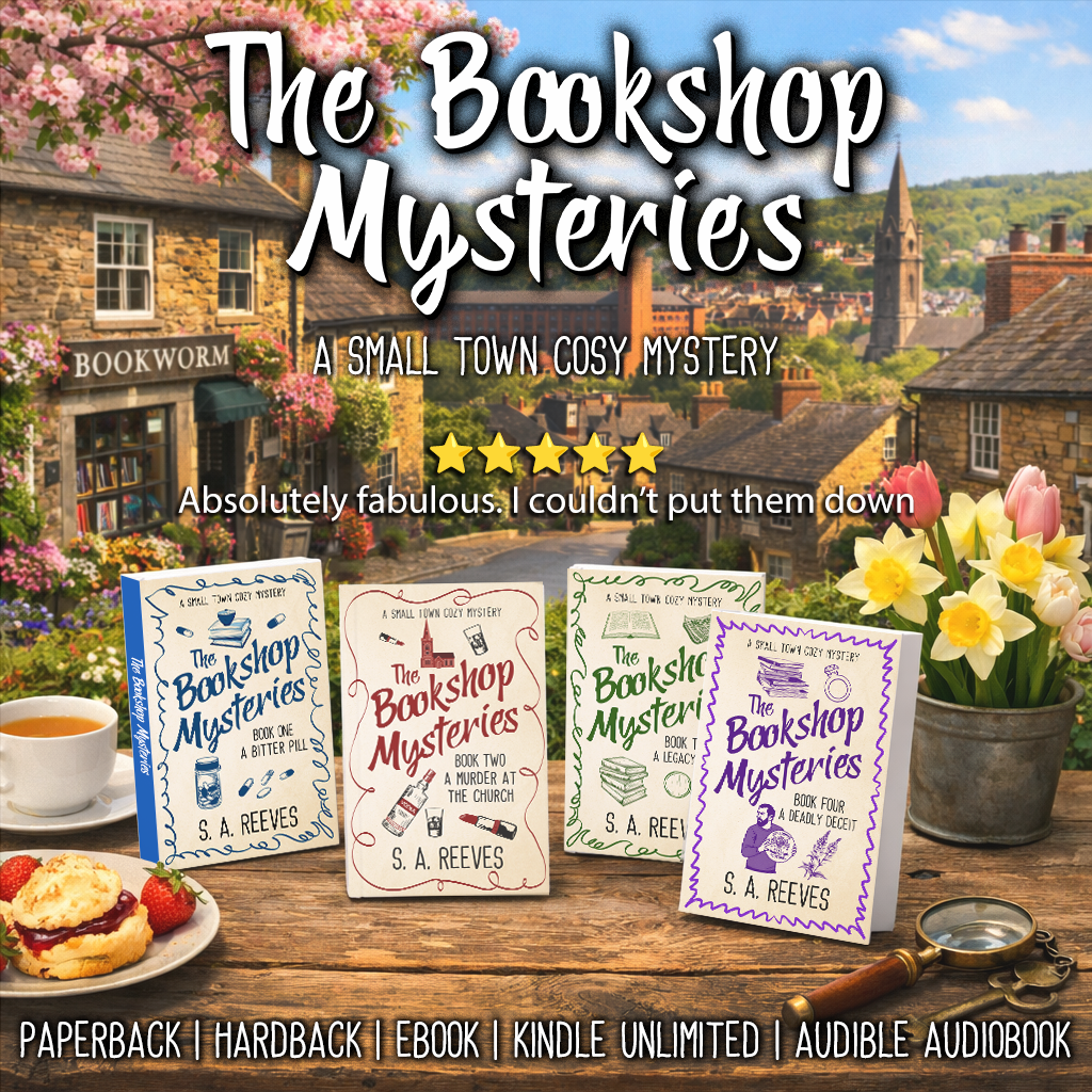 The Bookshop Mysteries Book series by S. A. Reeves. The image shows the first four books in the bookshop mystery series displayed on a table in front of a bookshop.