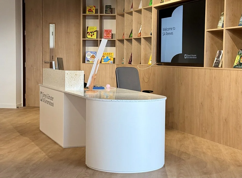 Photo of the reception area of Simon & Schuster UK's new offices in London when S.A. Reeves visited.