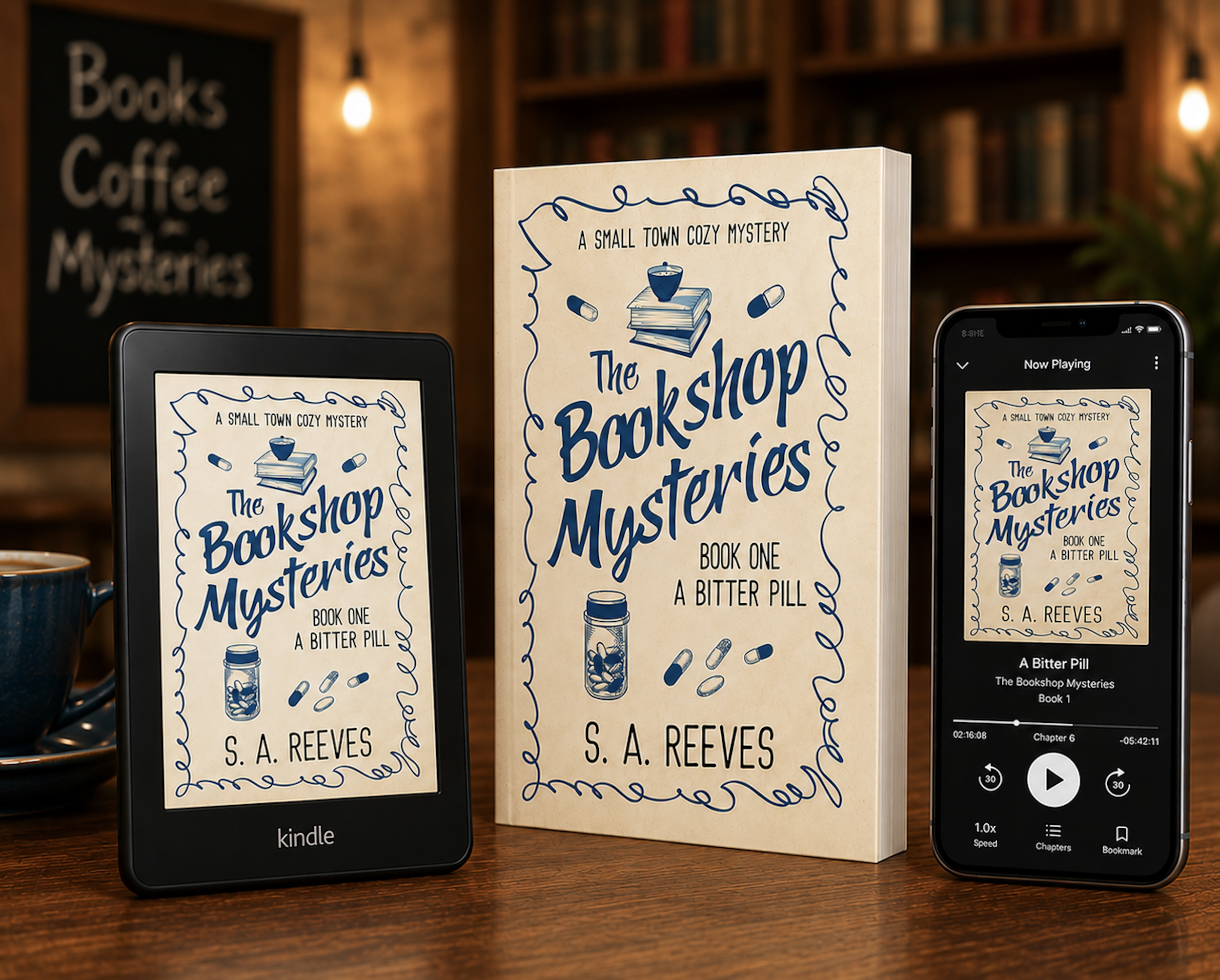A display of books from the Bookshop Mysteries series by S. A. Reeves, including a hardback, an e-reader, and a tablet showing the audiobook version, all on a wooden table in a cozy bookstore setting.