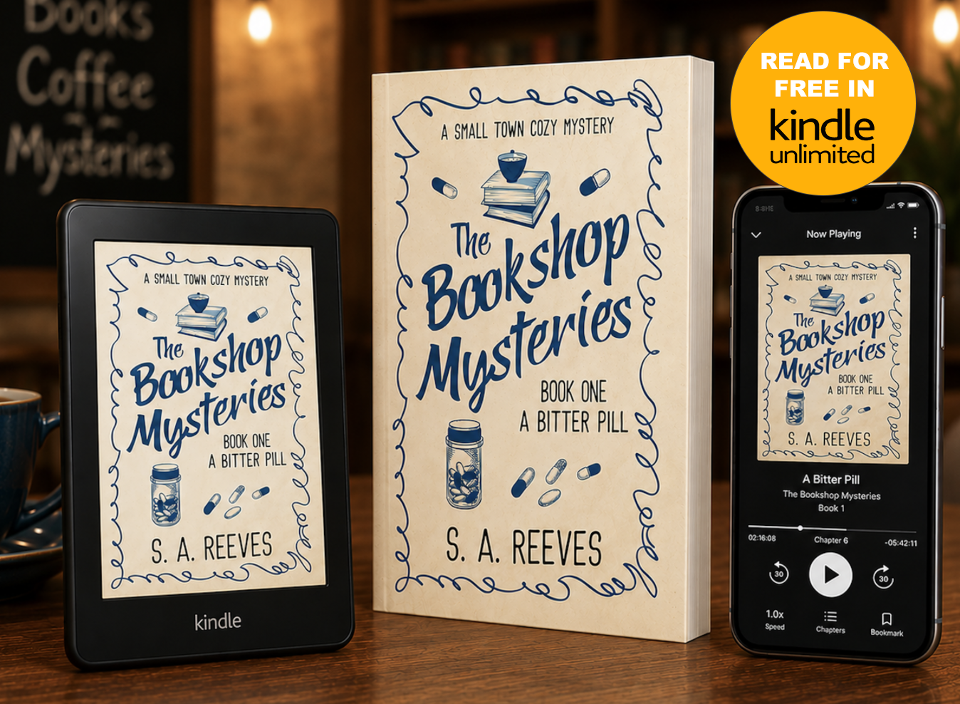 A physical book titled 'The Bookshop Mysteries' by S. A. Reeves standing on a table, with a Kindle e-reader and a smartphone displaying the same book cover. The book cover features illustrations of a stack of books with a mug on top, pills, and a jar filled with pills. A yellow sticker on the smartphone indicates the book is available for free in Kindle Unlimited. The background is blurred with warm lighting, and to the left, part of a chalkboard menu with the words 'Books, Coffee, Mysteries' is visible.