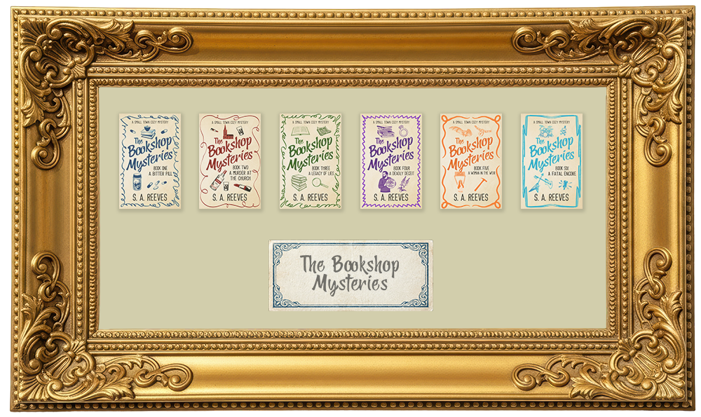 Display of five book covers and one title plaque, all related to 'The Bookshop Mysteries' by S.A. Reeves, arranged in a gold ornate frame. The book covers are of different colors: blue, red, green, purple, orange, and light blue.