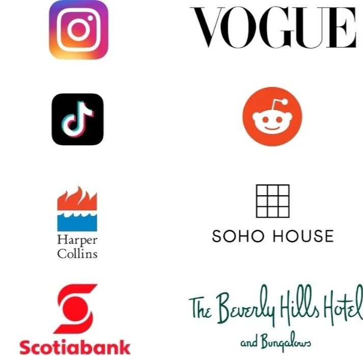Logos of global brands and corporations that have hired Lori Dyan, including Google, tiff, instagram, scotiabank, and TikTok.