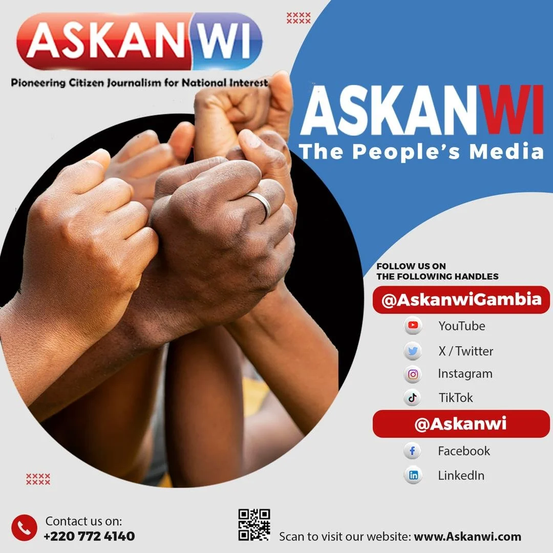 A graphic promoting Askani WI, featuring a close-up of multiple hands clasped together in solidarity. The image includes social media handles, icons for various platforms, a contact phone number, and a QR code.