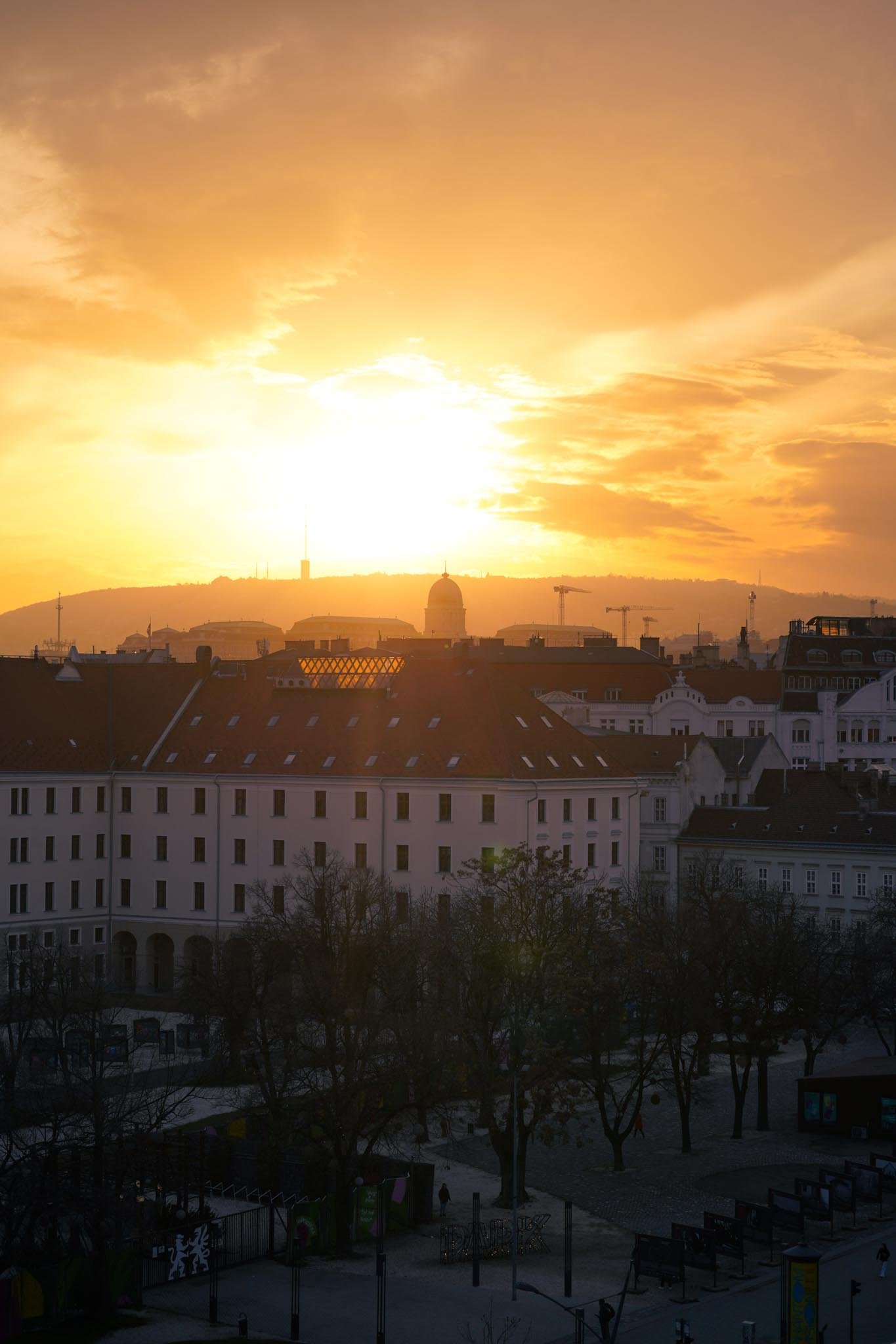 Cityscape during sunset with buildings, trees, and cranes in the background.